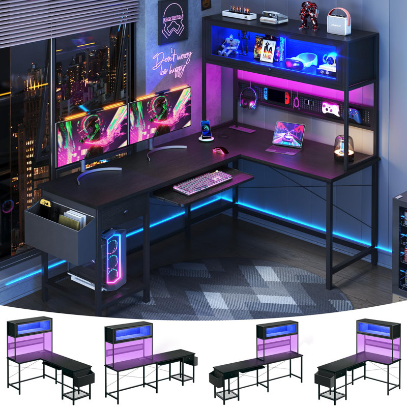 Reversible L Shaped Computer Desk With Power Outlets & Adjustable Led Lights, Black