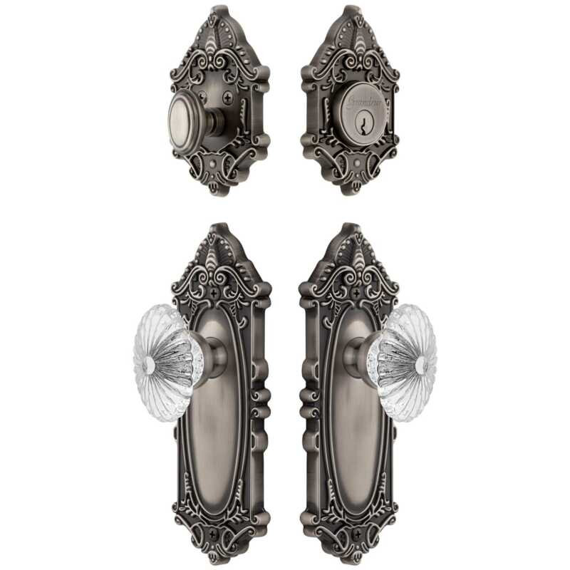 Grandeur Grande Victorian Long Plate Entry Set with Burgundy Crystal Knob in Polished Nickel, 2.75", Antique Pewter