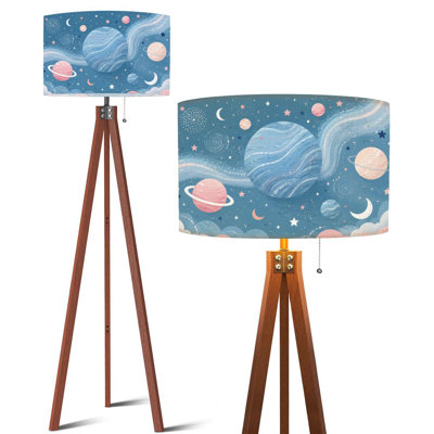  Lampe sur pied trépied fantaisiste cosmique planètes étoiles couleurs pastel à DEL à intensité variable avec pieds en bois de hêtre et abat-jour en lin détachable pour salon et chambre à coucher