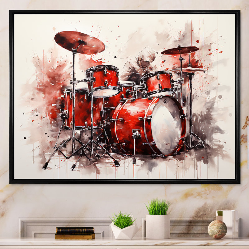 Music Drums Pulse Deep Red - Impressions encadrées musicales, Cadre flottant noir, H 12 po x l 20 po x P 1 po