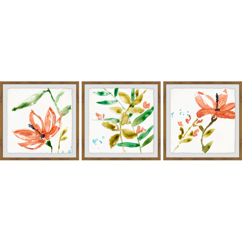 « orange fleuri », ensemble de 3 reproductions de peintures à l’aquarelle encadrées, H 12 po x l 12 po x P 1,5 po