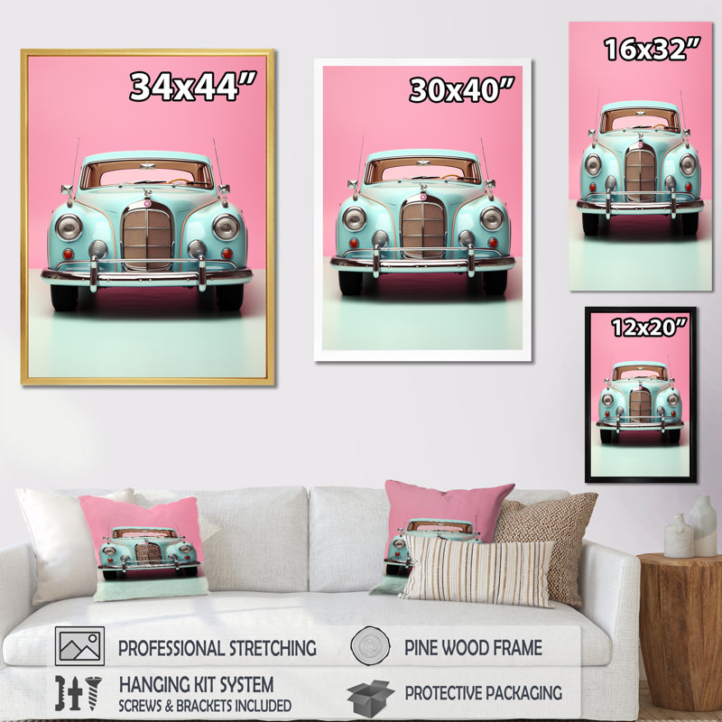 Popart rose et bleu des années 1950 «Car I», reproduction d'art sur toile rétro, H 40 po x l 30 po x P 1,5 po