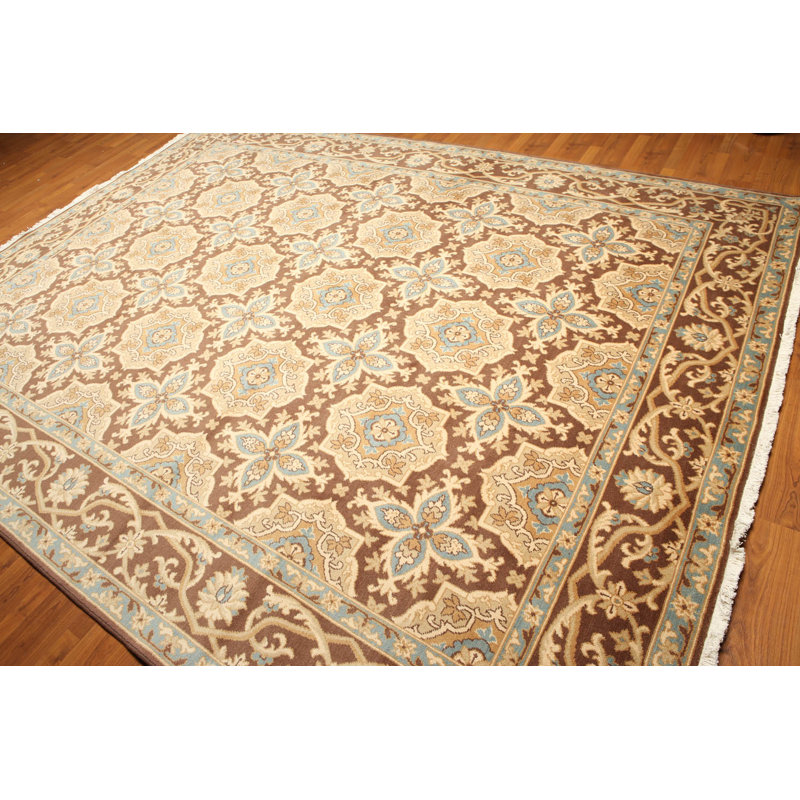 Tapis beige / brun en laine noué à la main de conception unique 9 pi x 12 pi Avellini