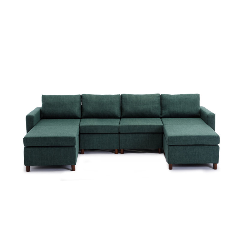 Canapé modulaire à méridienne rembourrée Gerta, 100 % lin vert