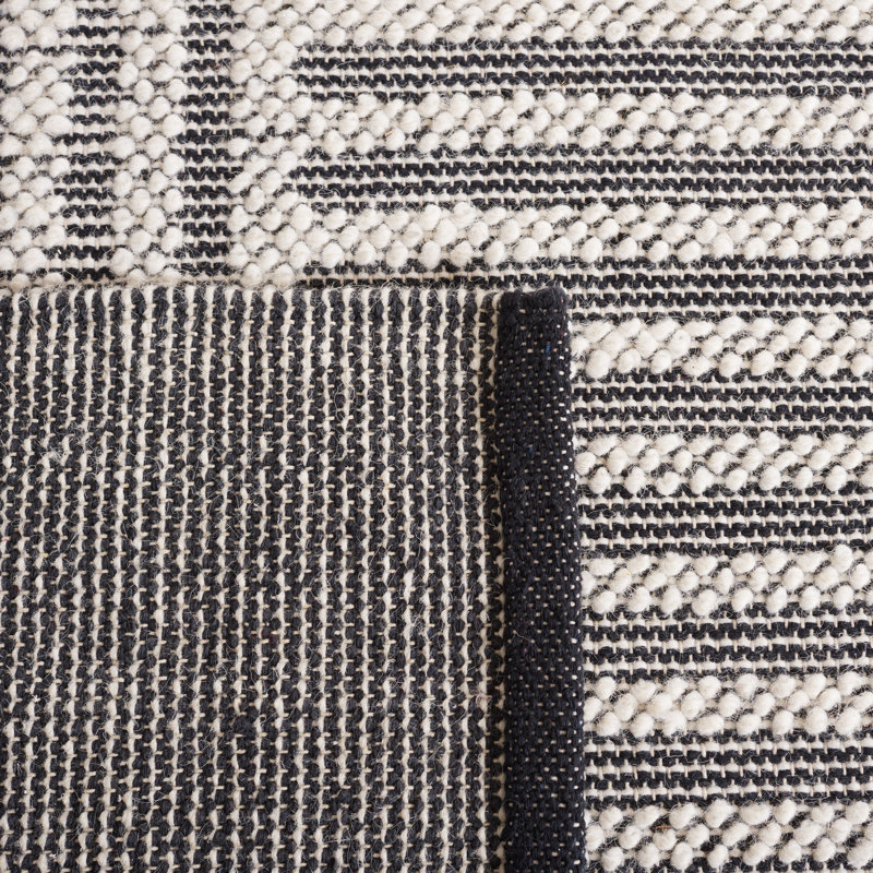 Egremont Hand Woven Wool/Cotton Striped Rug in Ivory/Black, Rectangle 5' x 8'