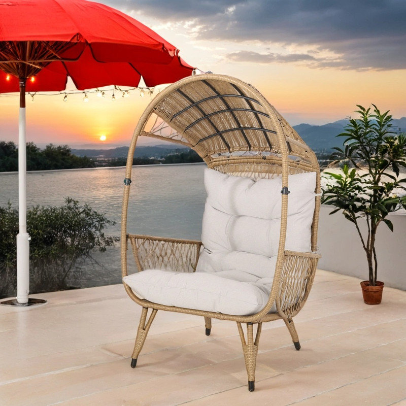 Chaise d'extérieur en osier avec coussin résistant à l'eau, Beige, Bois naturel