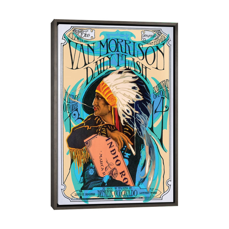 Van Morrison - publicité imprimée, H 26 po x l 18 po x 1,5 po, Toile encadrée de bois rustique foncé, Aucun mat