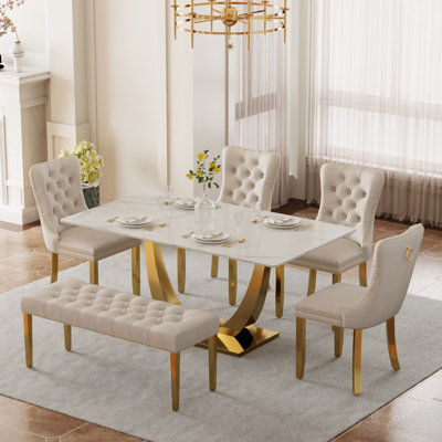 Ensemble de salle à manger rectangulaire avec banc, table de cuisine moderne de style Mid-Century et chaises capitonnées et banc de salle à manger de style luxueux Glass