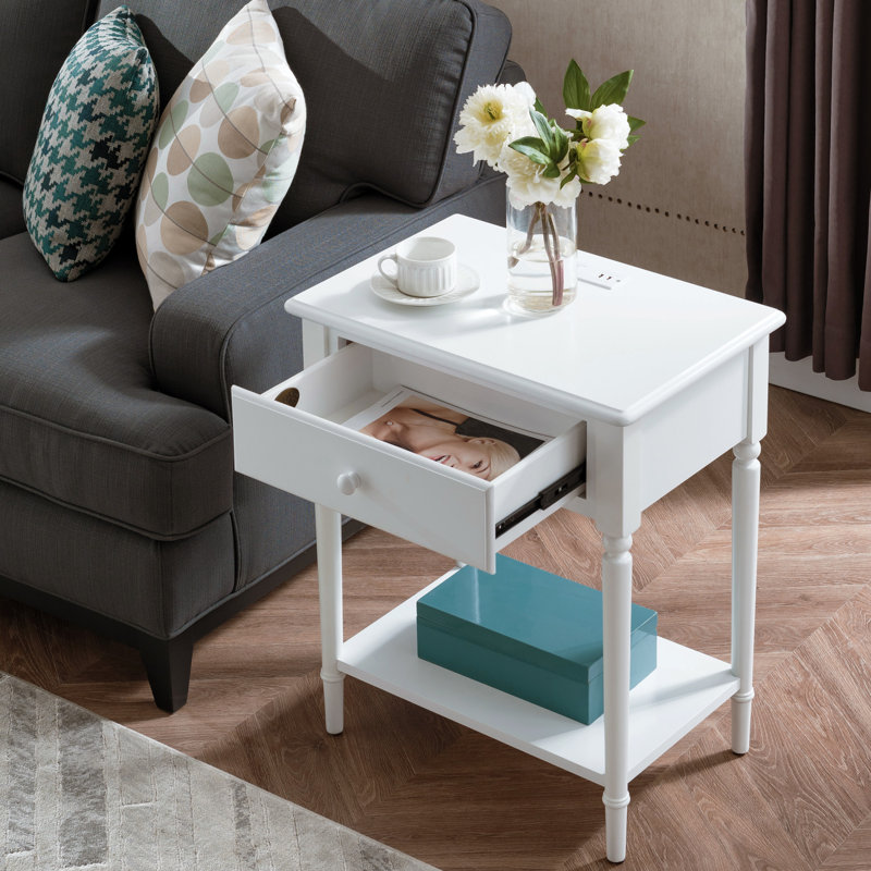 Coastal Solid Manufactured Wood Side Table with AC/USB and USB-C Port, Orchid White