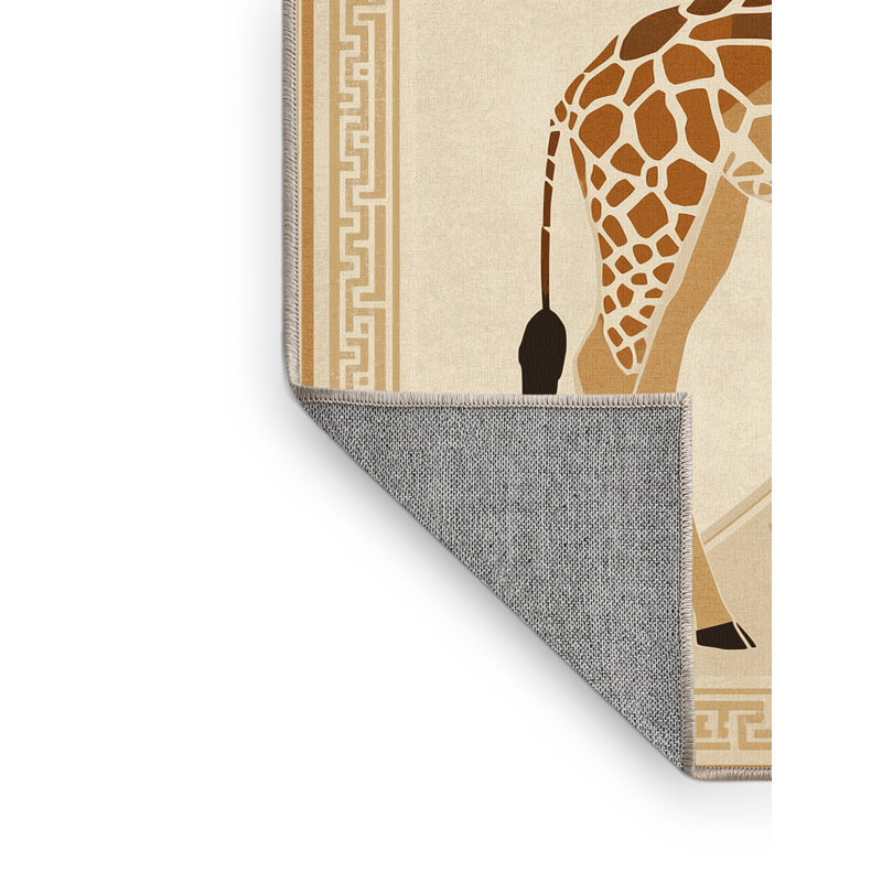 Machine Washable Pavli Giraffe Traditional Block Print Rug in Beige – Beige Binding, 7x10