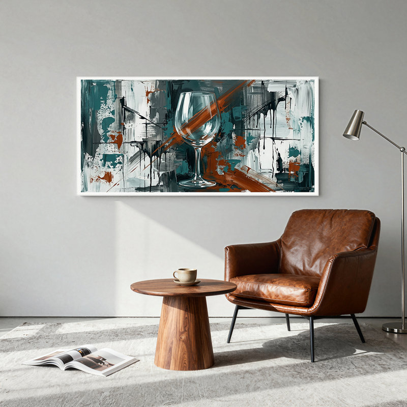 Tableau sur toile représentant un verre à vin transparent avec des coups de pinceau abstraits turquoise et rouille