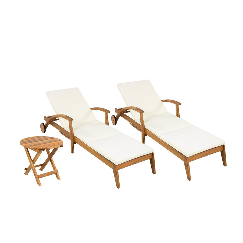 OUTDOOR RECLINER SIDE TABLE SET - COMES WITH 2 INCH CUSHION AND ADJUSTABLE BACKREST CHAISE LOUNGE WITH WHEEL & FOLDABLE AND ADJUSTABLE ACACIA WOOD SIDE TABLE FOR POOLSIDE PORCH