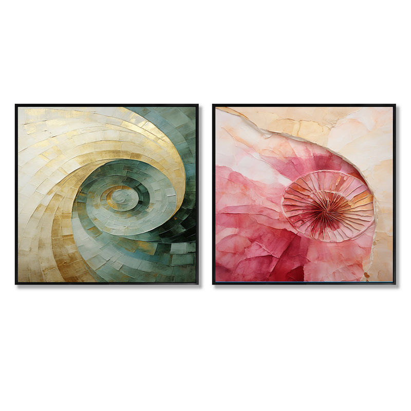 Minimalisme rose et vert en spirale - ensemble de 2 collages carrés en spirale abstraite, Cadre flottant noir