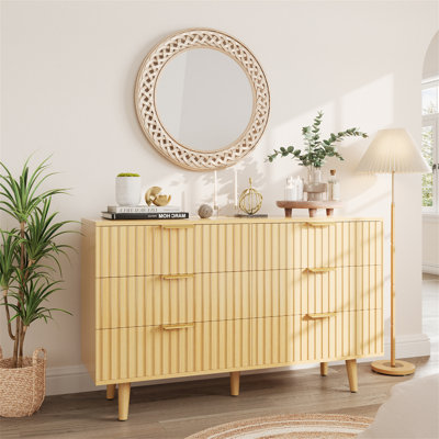 Commode 6 tiroirs pour chambre à coucher, commode en bois cannelée pour chambre d'enfant, chambre de bébé, entrée, naturel, l 47,24 po x P 14,96 po x H 33,06 po