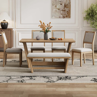Ensemble de salle à manger 6 pièces, 1 table rectangulaire avec 4 chaises rembourrées et 1 banc