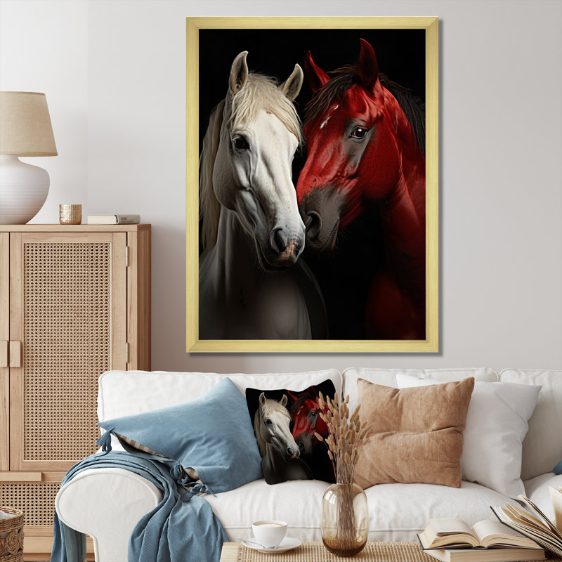 «Kaysin Red and White Horse Dynamic Duo», reproduction sur toile, Encadrement doré, H 40 po x l 30 po x P 1,5 po