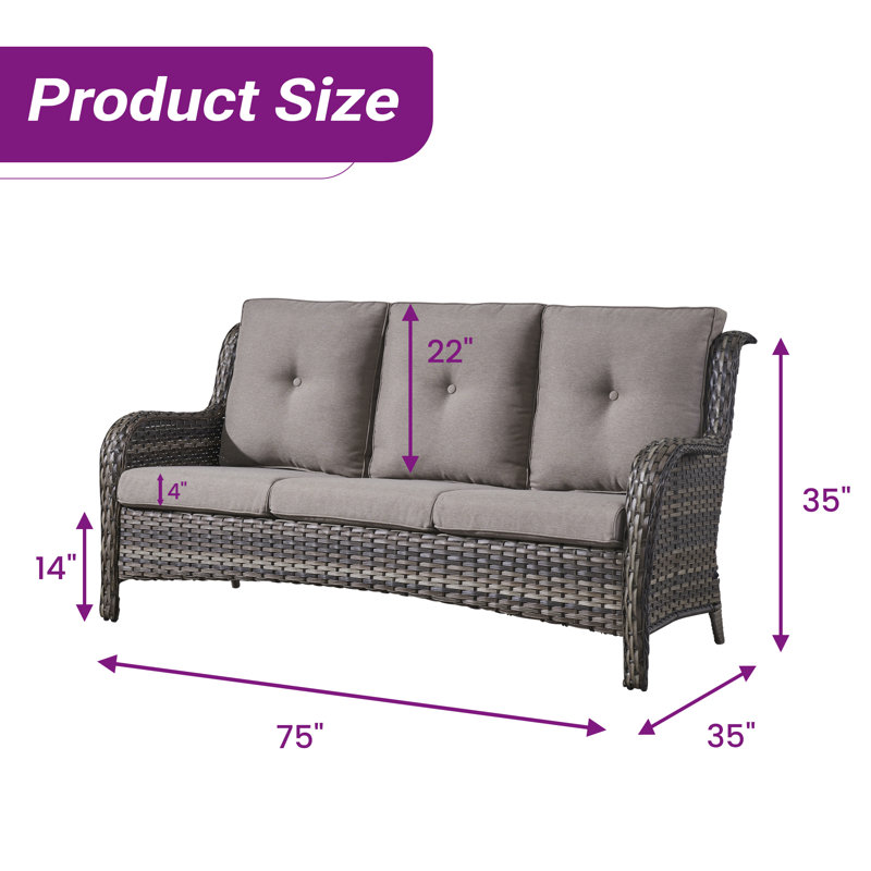 Dahlyla 72.44'' Wide Straight Patio Sofa with Cushions, Gray, Gray