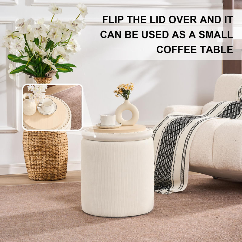 Round Ottoman With Storage Set Of 2, Beige Velvet