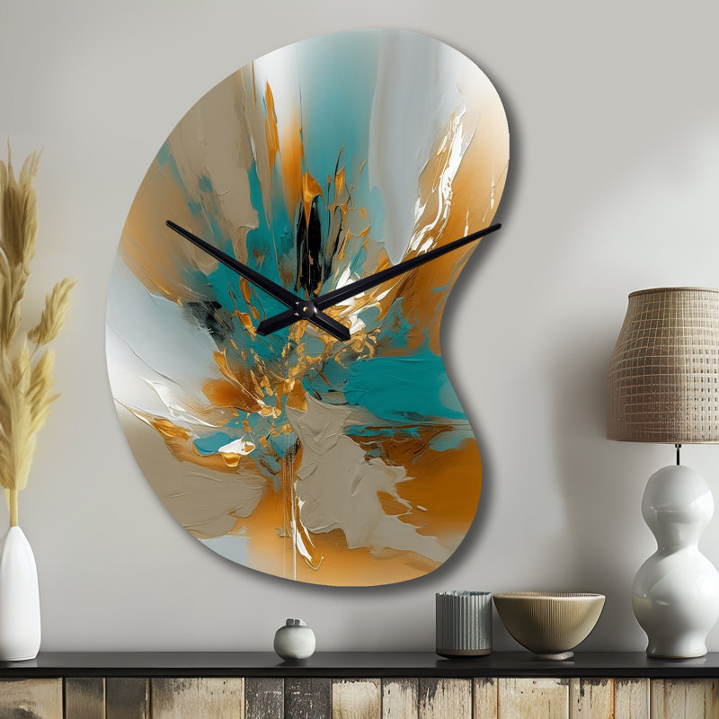 Horloge murale en métal or et turquoise, encre fluide I - marbre, Petit