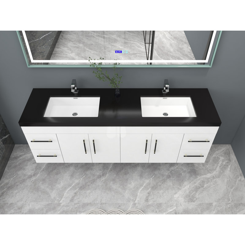 Ensemble de meuble-lavabo double mural 72 po Campy, Blanc ultrabrillant, Noir mat