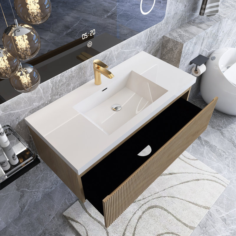 Meuble-lavabo mural moderne à rayures avec lavabo et tiroir à fermeture en douceur, 42"