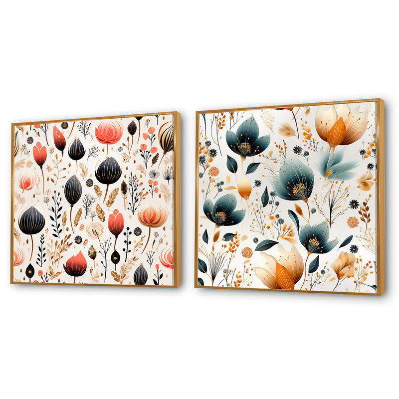 Ensemble de 2 collages carrés botaniques abstraits, Cadre flottant doré, H 30 po x l 61 po
