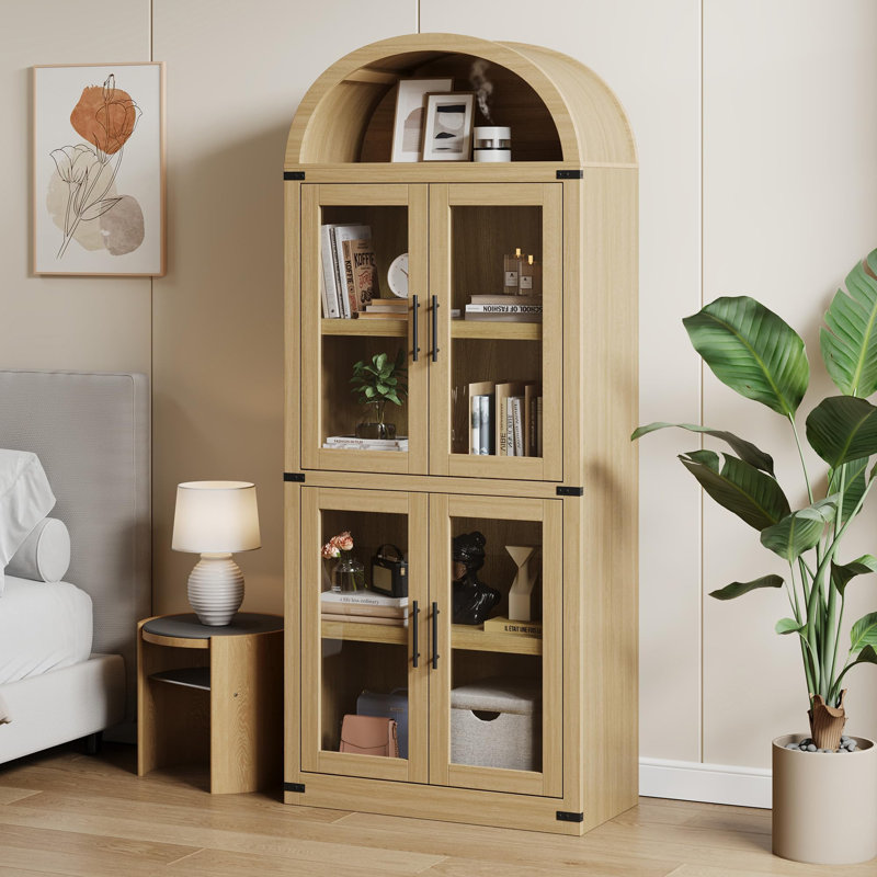Bibliothèque de campagne arquée 71,4 "avec portes en verre, vitrine en bois pour le salon et la cuisine, Naturel