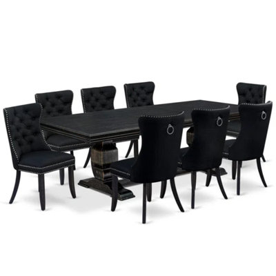 9-piece dining room set consists of a rectangular table and 8 Black Polyester fabric dining chairs with Button Tufted Chair Back - Sand Blasting Black Finish.