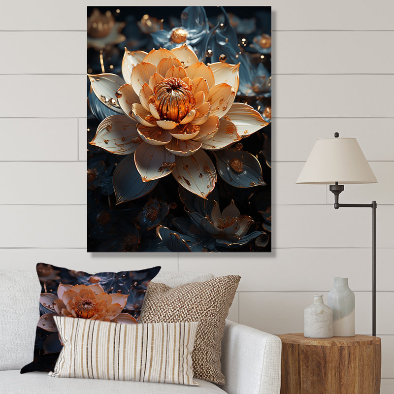 Des décorations dorées ornent une fleur de lotus, Gold Floater Framed, 40" H x 30" W