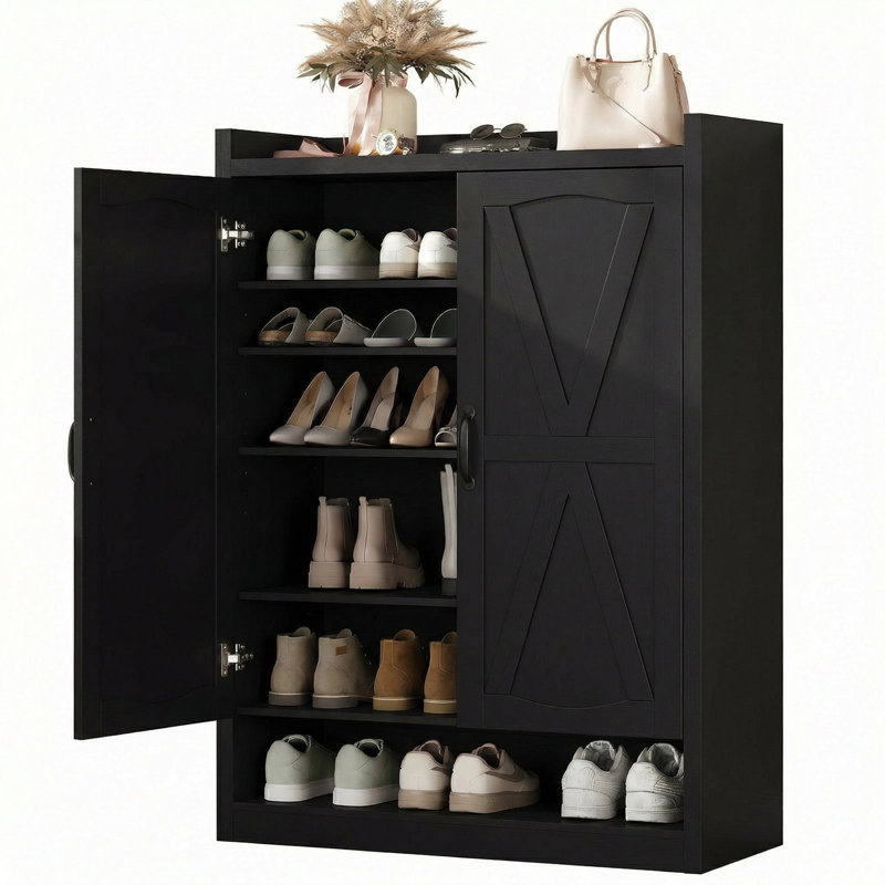 31.5'' Farmhouse Shoe Storage Cabinet With Barn Doors, Wood Entryway Organizer With Open Shelf And Adjustable Shelves, Black