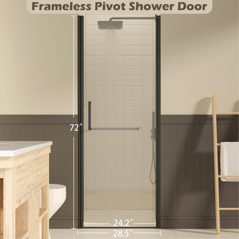 27-28" W ×72" H Frameless Pivot Shower Door, Pivot Swing Shower Glass Doors with 1/4"(6mm) SGCC Clear Tempered Glass,Explosion-Proof Film, Reversible Installation, Matte Black
