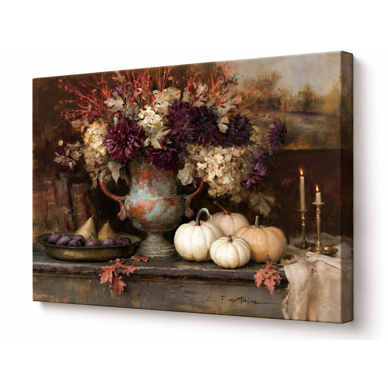 Art antique sur toile tendue avec fleurs et citrouilles, 36" W x 24" H x 1.5" D