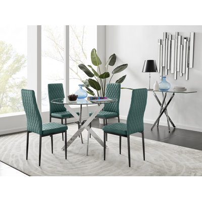 Bernell Modern Chrome Metal & Glass Round Dining Table Set with 4 Quilted Velvet Chairs