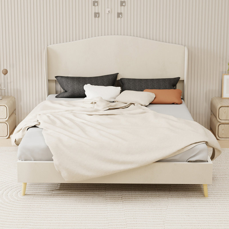 Lit tapissier en velours, Beige, Grand lit