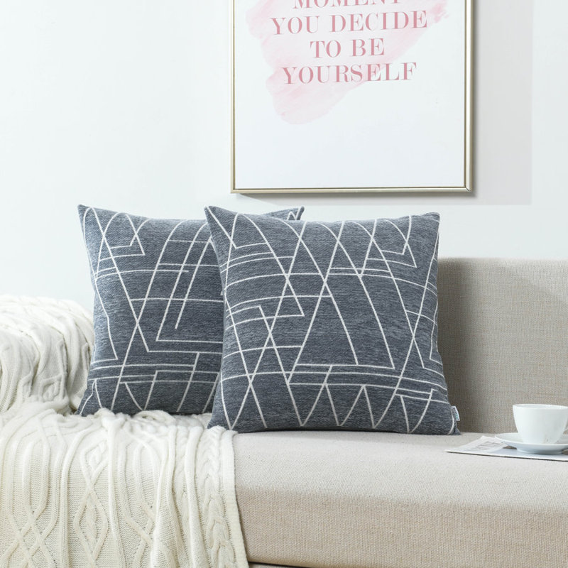 Housse de coussin en jacquard à motif géométrique en chenille moderne, Gris, H 20 po x l 20 po