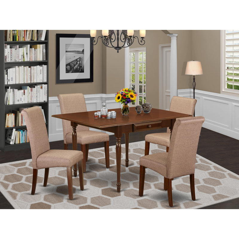 L'ensemble de table de salle à manger 5 pièces pour 4 personnes comprend une table de cuisine rectangulaire avec Dropleaf et 4 chaises rembourrées en tissu de lin brun, acajou