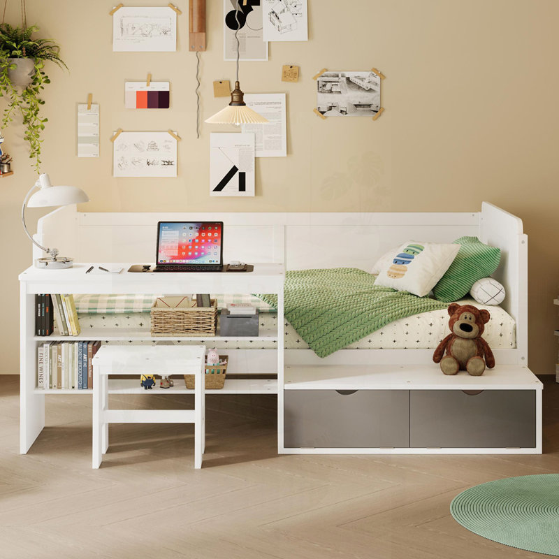Lit de jour en bois avec tablettes de rangement et casiers, Blanc