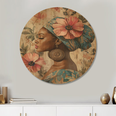 Muse couronnée de fleurs I - Décoration murale ronde en bois représentant une femme africaine bleue