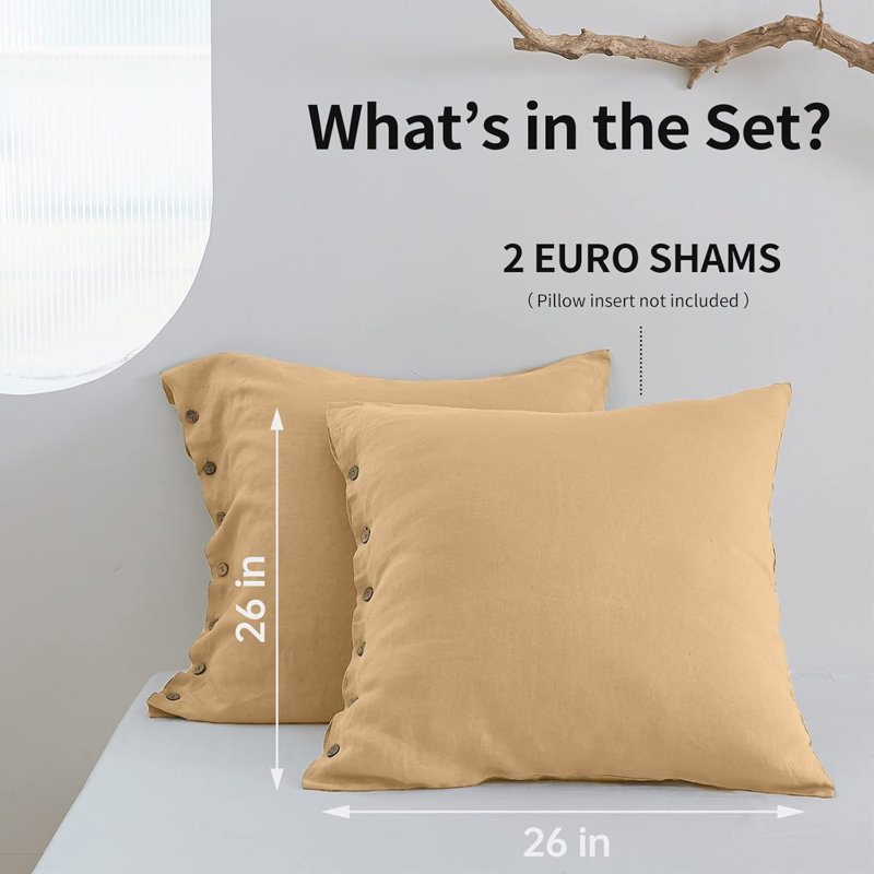 100% Washed Linen Euro Sham Cover, 26 X 26 Inch-Set Of 2, Sand