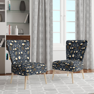 Blue And White Botanical Flowers - Velvet Upholstered Farmhouse Side Chair, White Accent Chair
