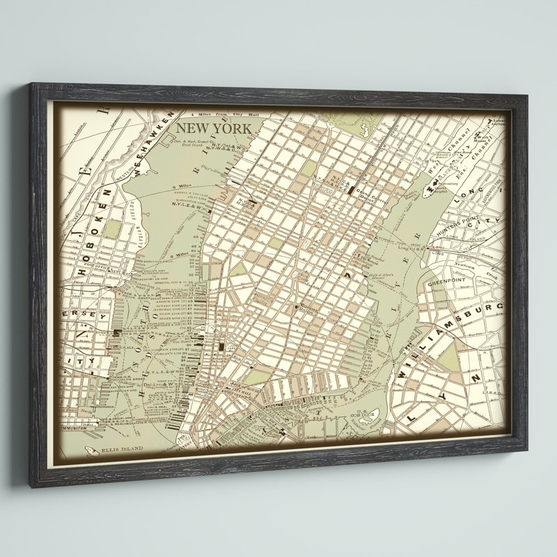 «Custom Sepia Map of New York City» par Paul Cezanne - impression encadrée, H 30 po x l 22 po x P 1 po, Toile avec cadre