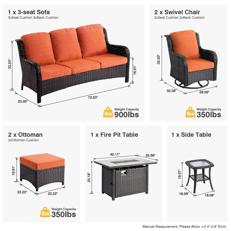 5 - Person Wicker Outdoor Conversation Set, Patio Swivel Chair Set with Fire Pit and Cushions, Orange Red Cushion/Brown Frame