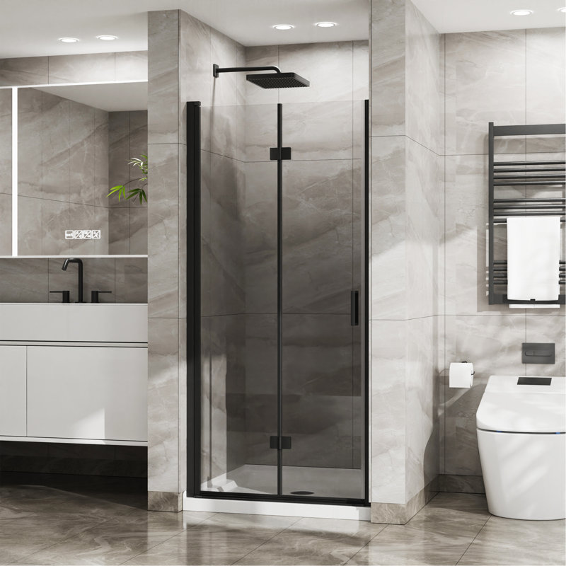 Porte de douche pliante en verre sans cadre 34 "x 72" avec base de douche en acrylique, Noir / blanc