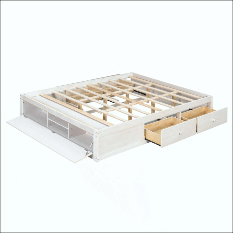 Cadre de lit plateforme moderne sans tête de lit, lit peu encombrant avec 4 tiroirs de rangement et rangement de pied de lit à levage hydraulique, meubles de chambre sans sommier requis