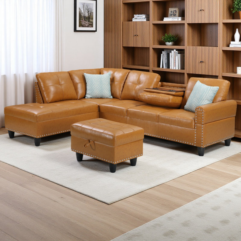 Canapé modulaire en L en similicuir avec repose-pieds avec rangement, Similicuir gingembre