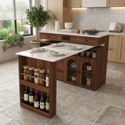 Îlot de cuisine rétro en placage de noyer avec plateau rotatif extensible, 4 tiroirs, armoires à porte vitrée et douille intégrée pour 2 à 4 personnes