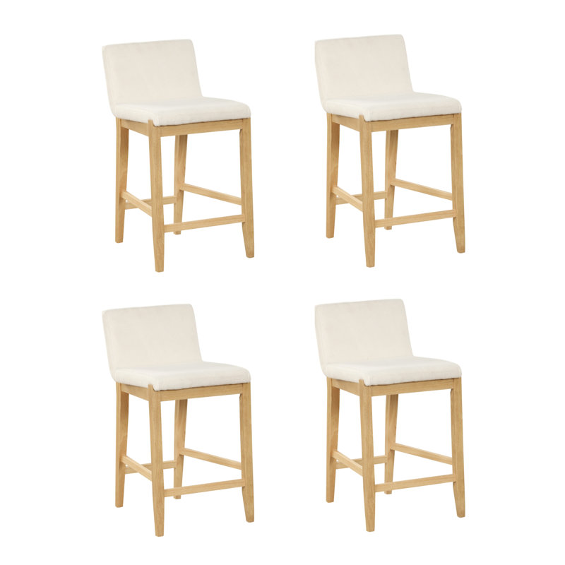 Cream Boucle Upholstered Counter Stools with Warm Pine Legs, Set of 4