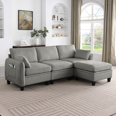 Canapé d'angle modulaire en chenille gris foncé de 216 cm avec rangement, adaptable au salon, revêtement en tissu, coussins garnis de mousse à mémoire de forme, style moderne et minimaliste polyvalent, 4 places.