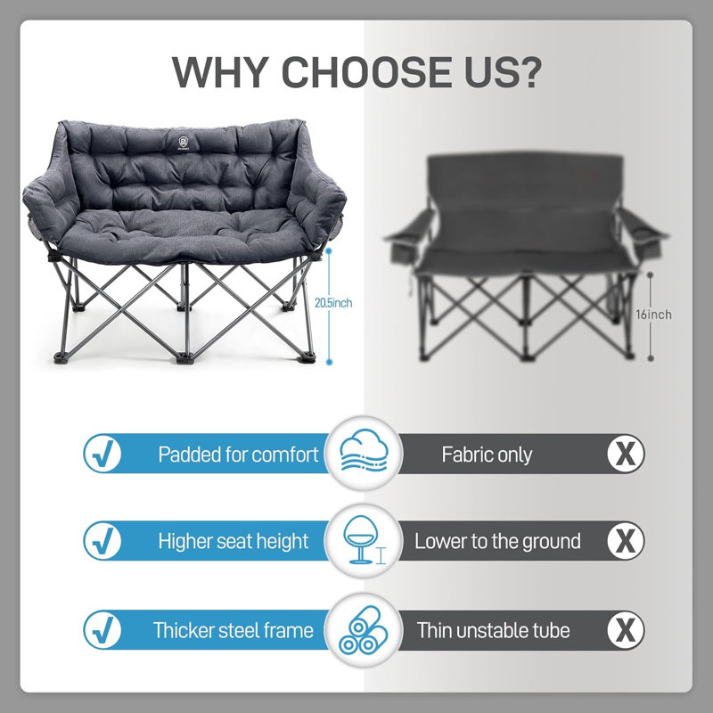 Double chaise de camping pour adultes, banc de causeuse pliant rembourré avec poche latérale