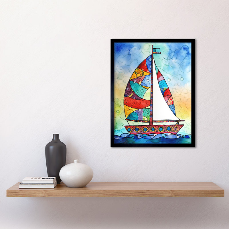 Sailboat With Flower Pattern Folk Art Art Print Framed Poster Wall Decor 12x16 inch